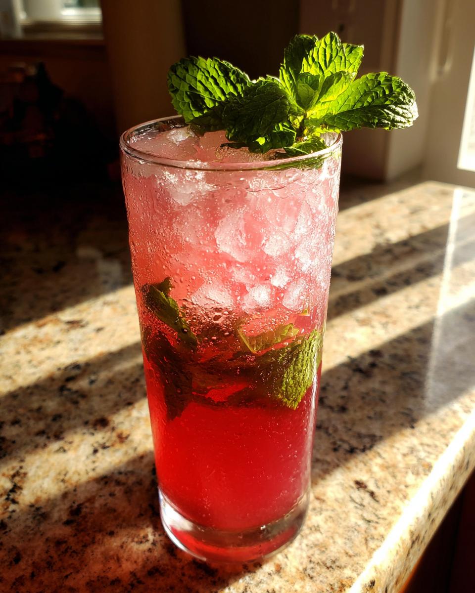 A tall glass filled with crushed ice and bright red Mojito Watermelon drink, garnished with fresh mint sprigs.