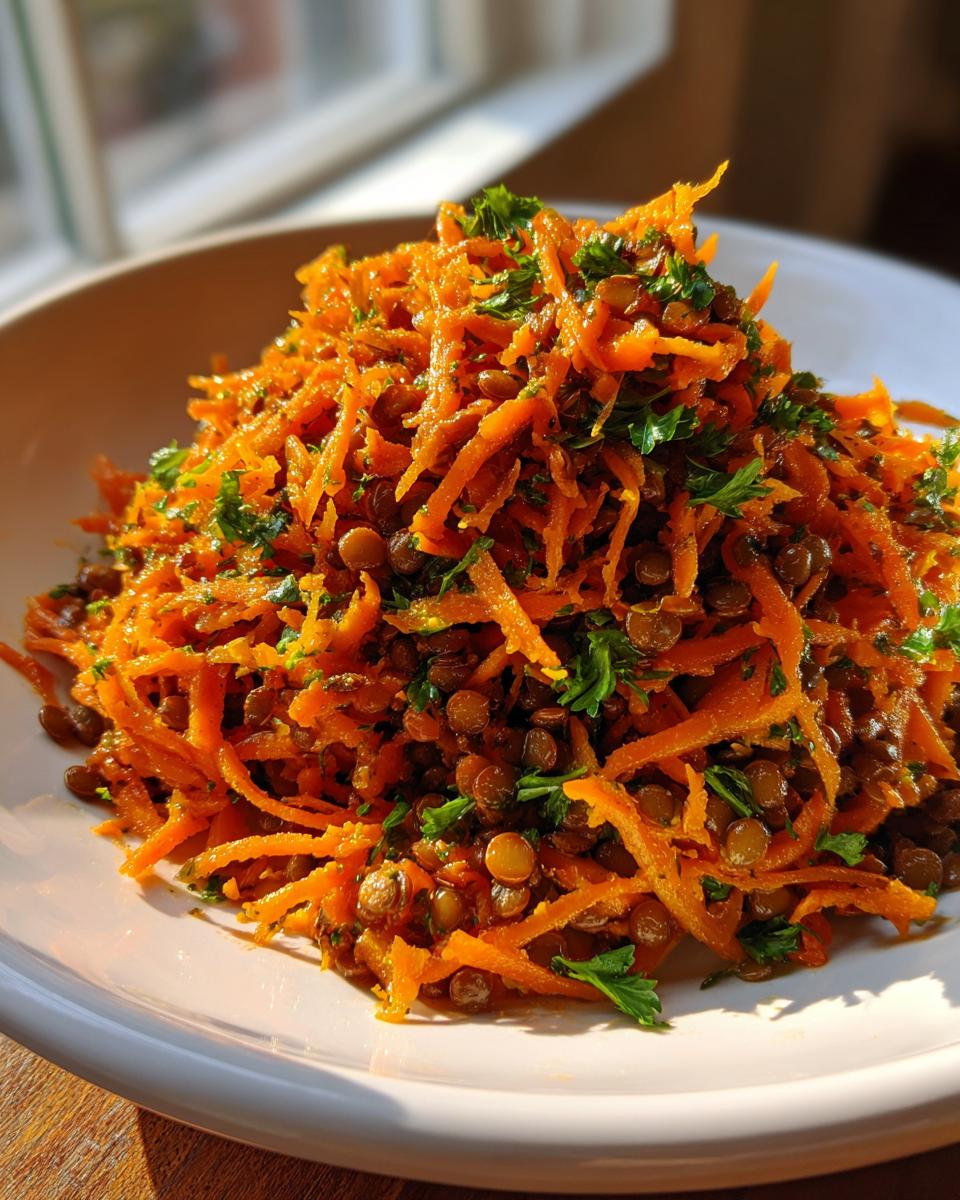 Close-up of a vibrant Moroccan Spiced Carrot Lentil Salad featuring shredded carrots, brown lentils, and fresh parsley.