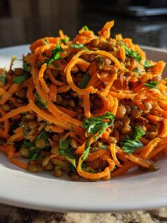 A vibrant serving of Moroccan Spiced Carrot Lentil Salad featuring shredded carrots and brown lentils, topped with fresh parsley.