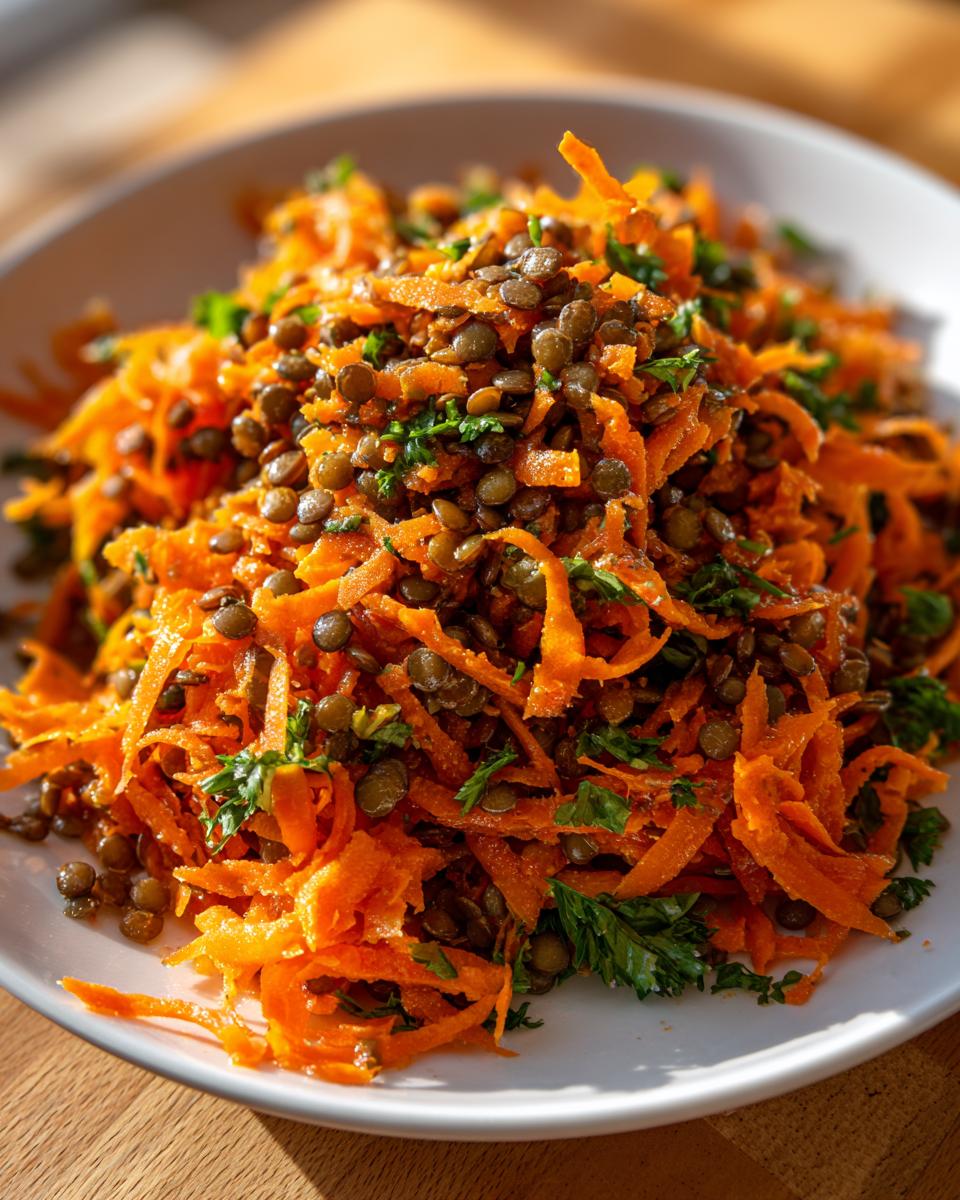 Close-up of vibrant Moroccan Spiced Carrot Lentil Salad with shredded carrots, lentils, and parsley.