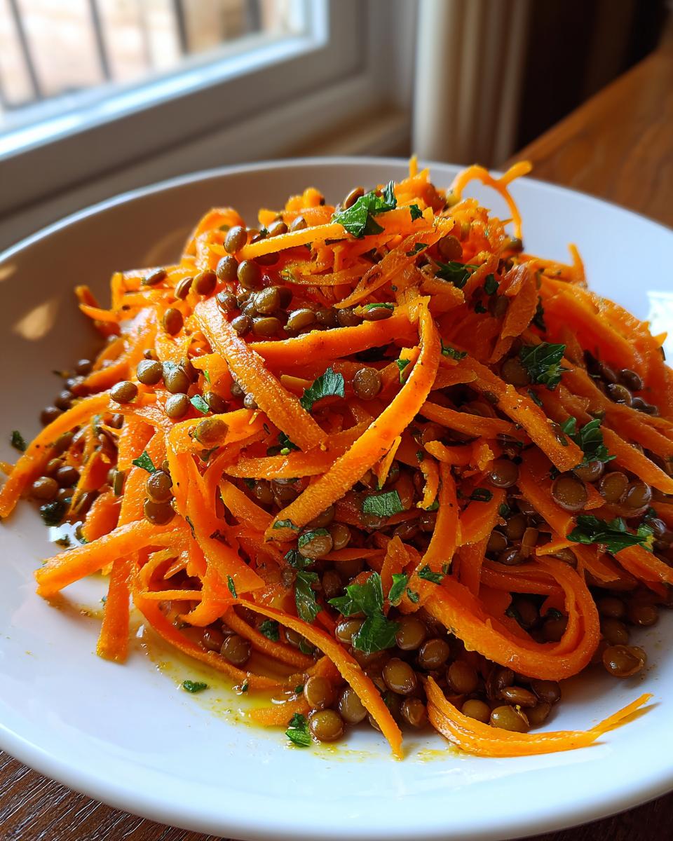 Close-up of a vibrant Moroccan Spiced Carrot Lentil Salad featuring julienned carrots and brown lentils.
