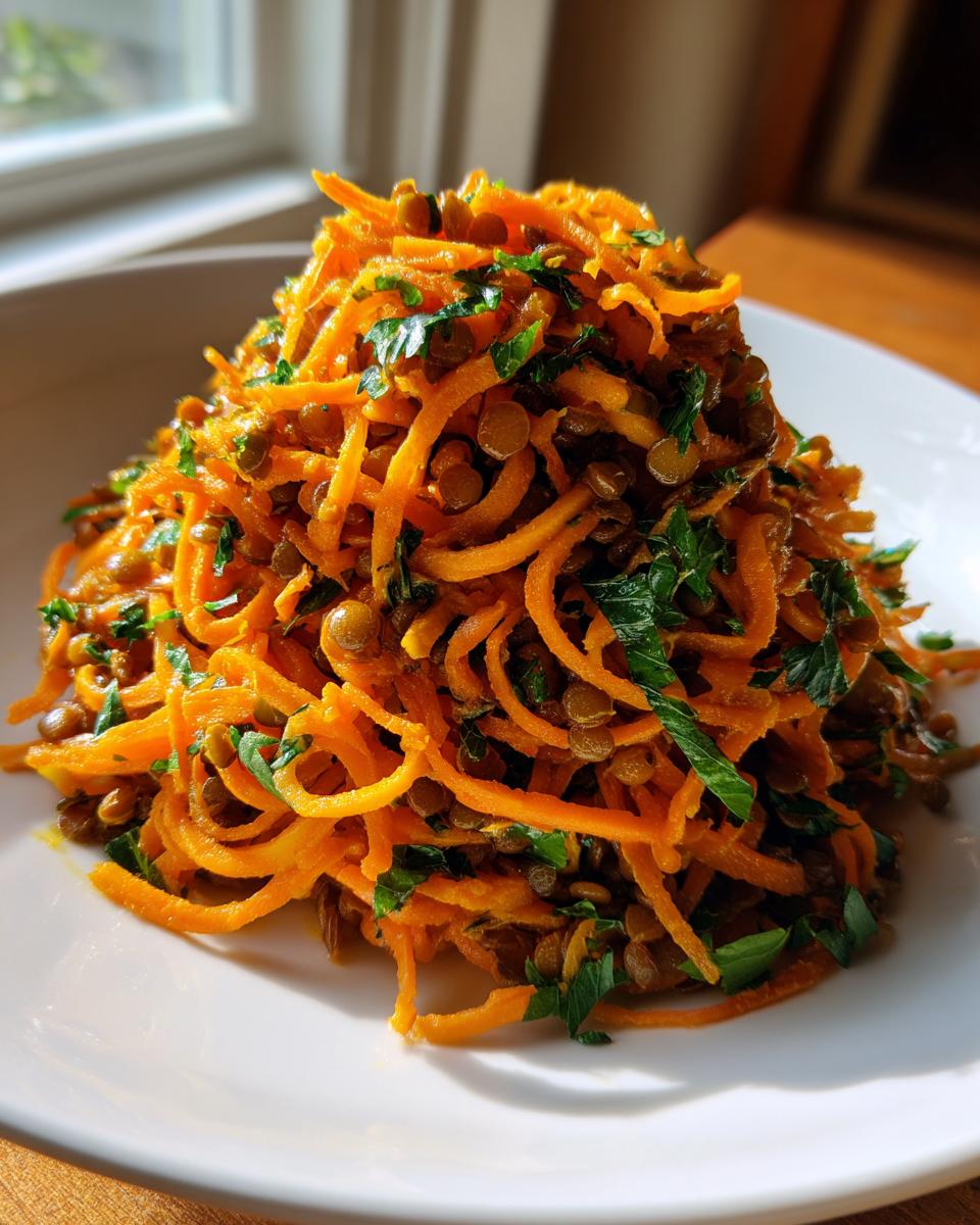 A mound of bright orange spiralized carrots mixed with brown lentils and fresh parsley, representing the Moroccan Spiced Carrot Lentil Salad.