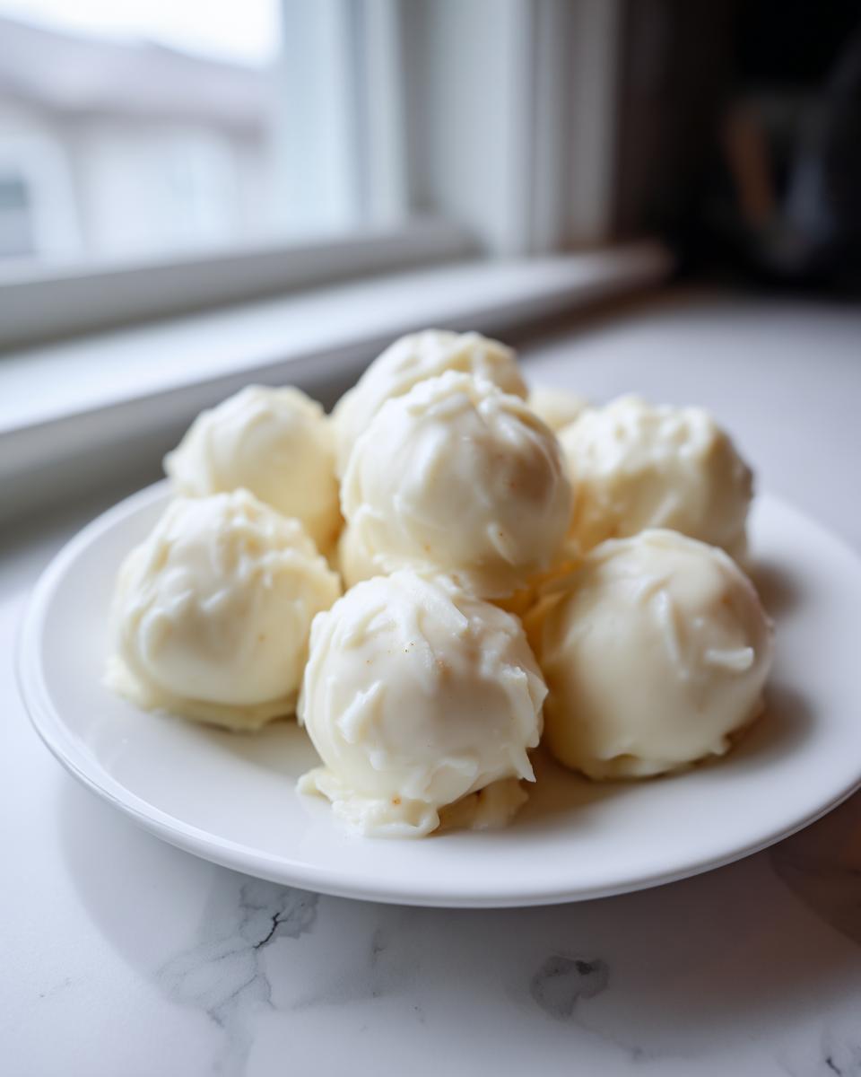 A plate of white chocolate coated No Bake Pumpkin Spice Cheesecake Truffles sitting on a marble counter near a window.