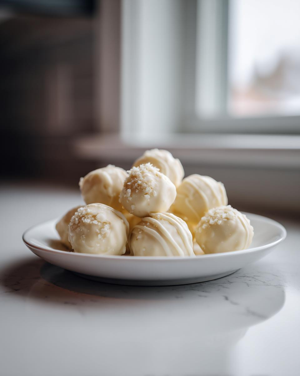 A pile of white chocolate coated No Bake Pumpkin Spice Cheesecake Truffles on a small white plate.