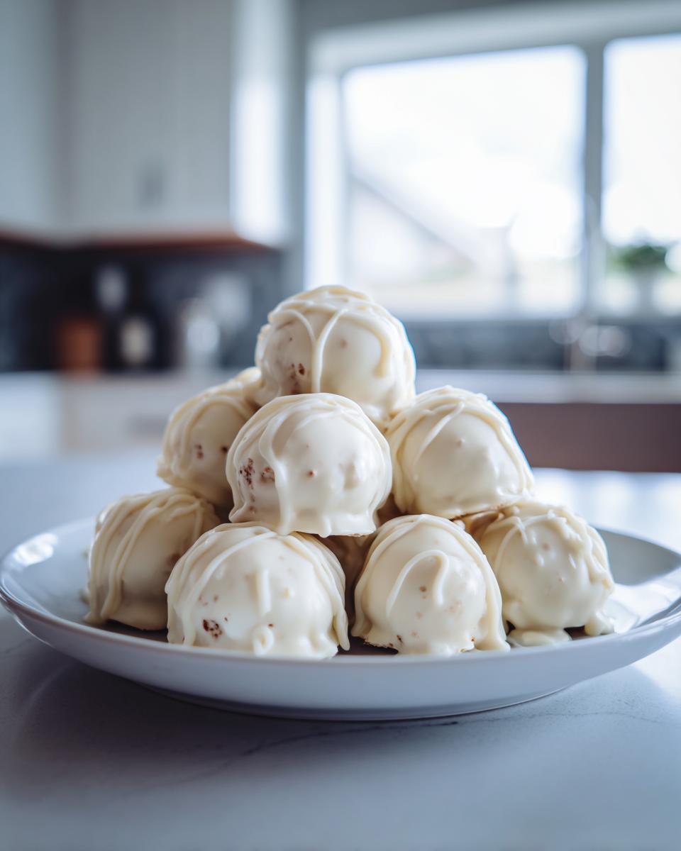 A stack of No Bake Pumpkin Spice Cheesecake Truffles coated in white chocolate on a light plate.