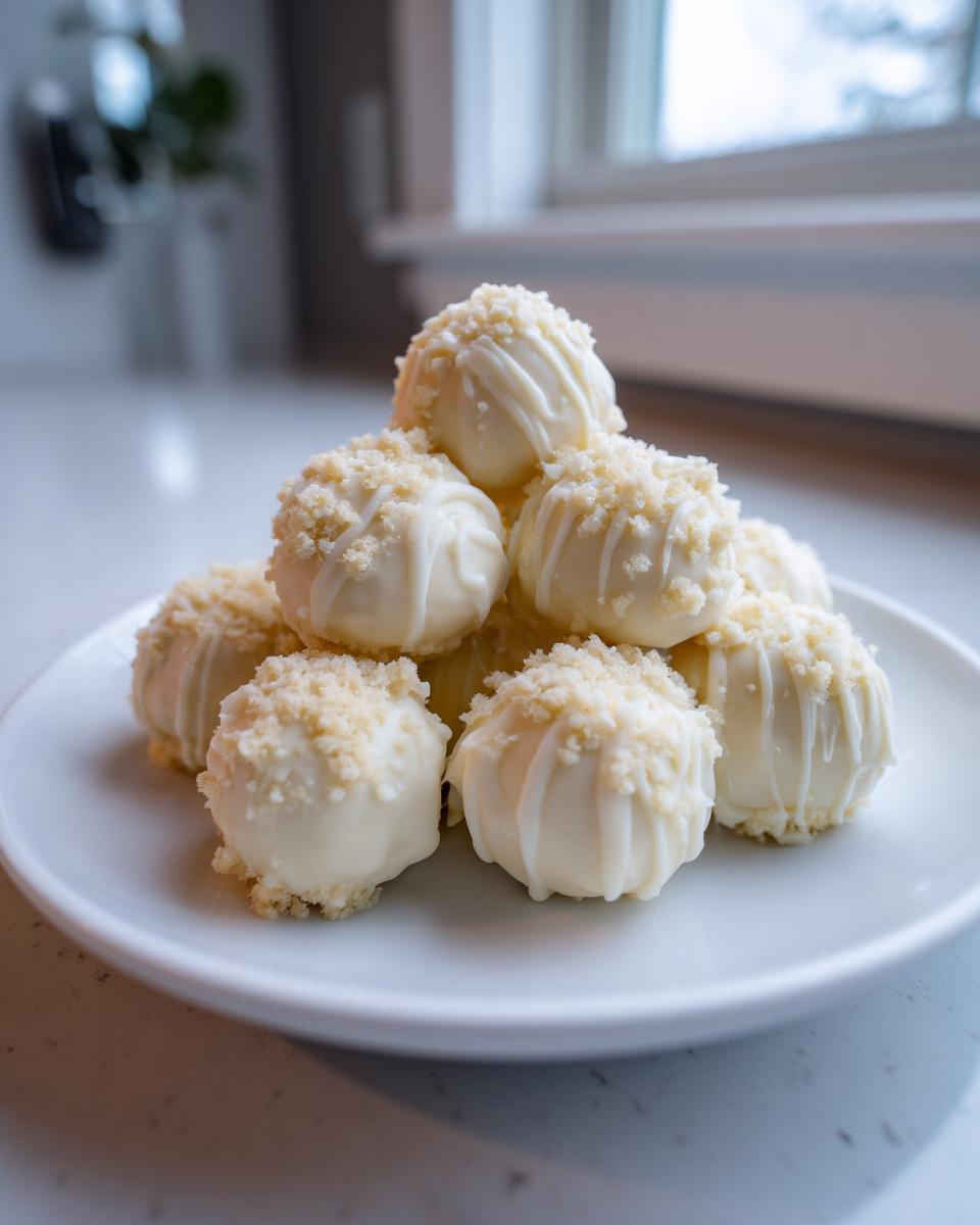 A stack of No Bake Pumpkin Spice Cheesecake Truffles coated in white chocolate and sprinkled with crumbs.