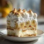 A tall slice of Old Fashioned Southern Banana Pudding featuring layers of custard, vanilla wafers, bananas, and toasted meringue.