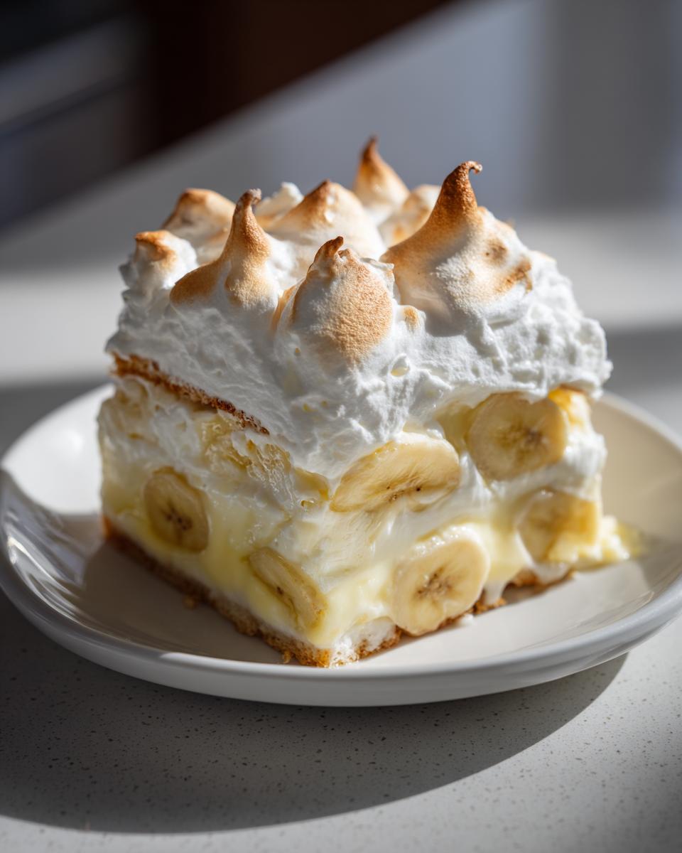 A square slice of Old Fashioned Southern Banana Pudding topped with toasted meringue peaks.