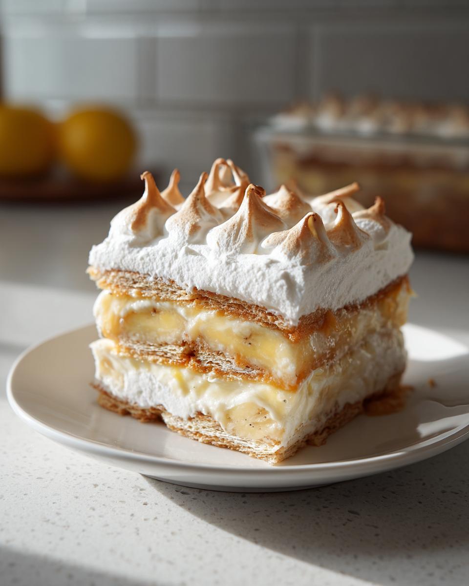 A layered slice of Old Fashioned Southern Banana Pudding featuring wafers, bananas, cream, and toasted meringue.