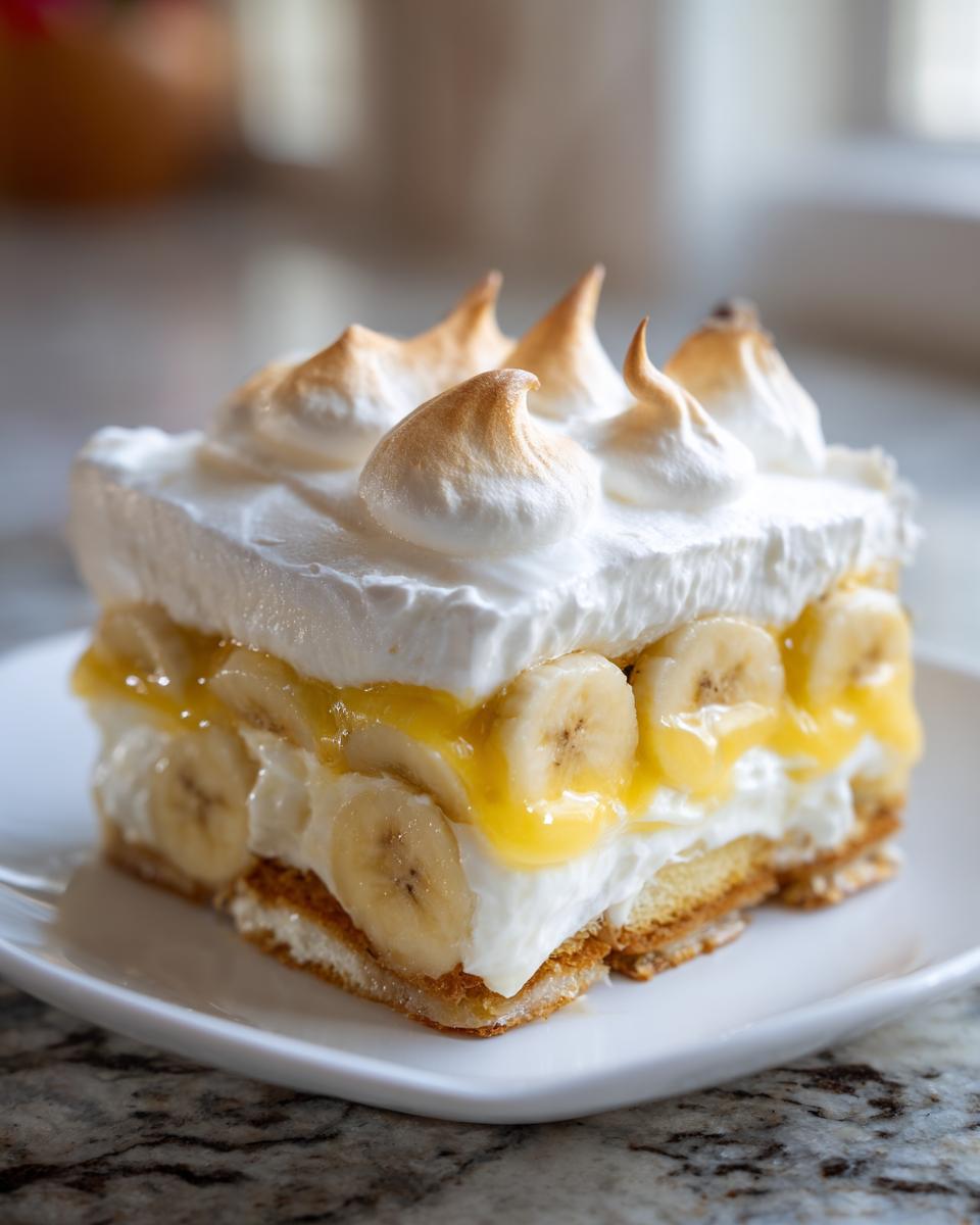 A perfect slice of Old Fashioned Southern Banana Pudding featuring layers of vanilla wafers, bananas, custard, and toasted meringue.