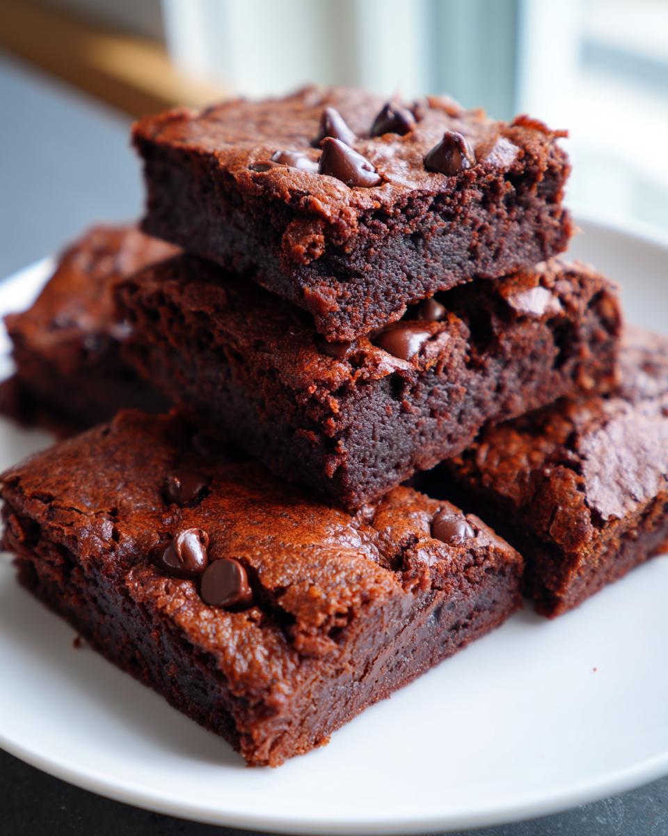 A stack of rich, fudgy One Bowl Brownies topped with melted chocolate chips, served on a white plate.