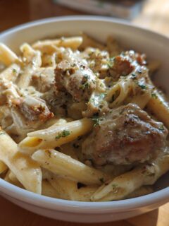 A close-up of a white bowl filled with One Pot Creamy Cajun Chicken Pasta, featuring penne pasta and seasoned chicken pieces in a rich sauce.