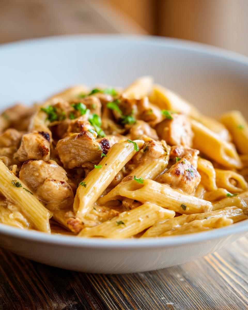 A close-up of a white bowl filled with One Pot Creamy Cajun Chicken Pasta, garnished with fresh parsley.