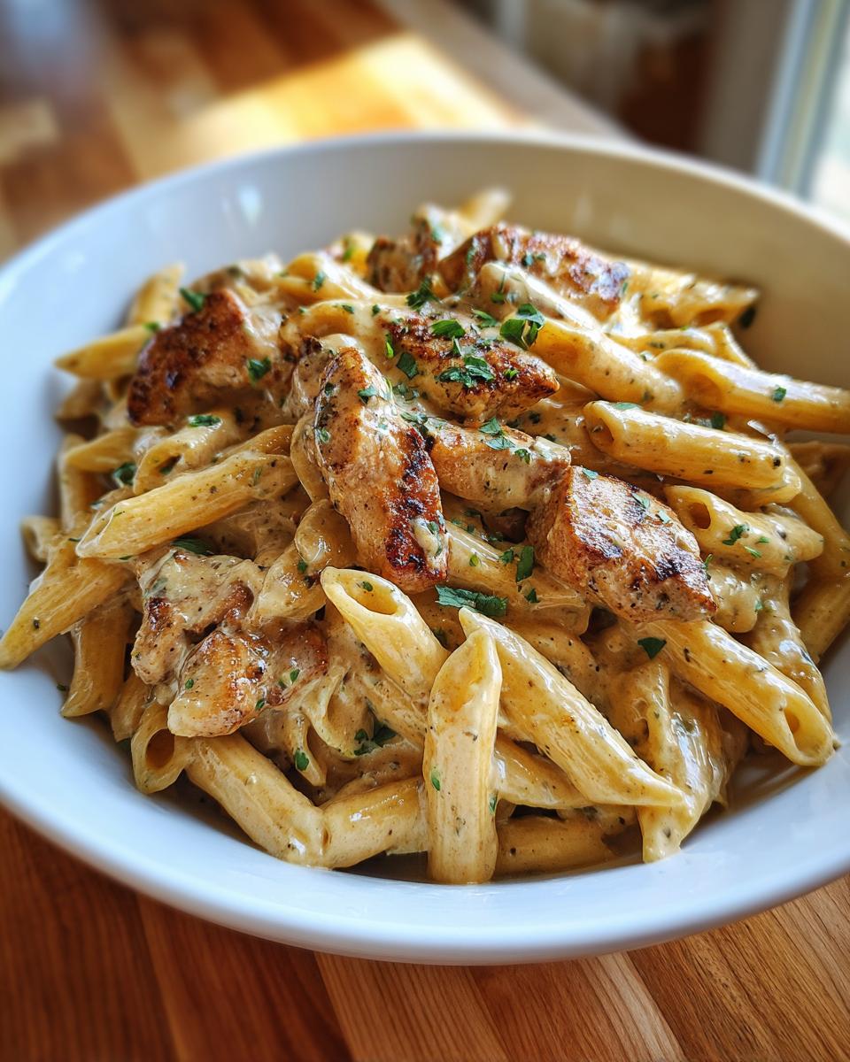 A white bowl filled with One Pot Creamy Cajun Chicken Pasta, featuring penne pasta, seasoned chicken pieces, and a creamy sauce.
