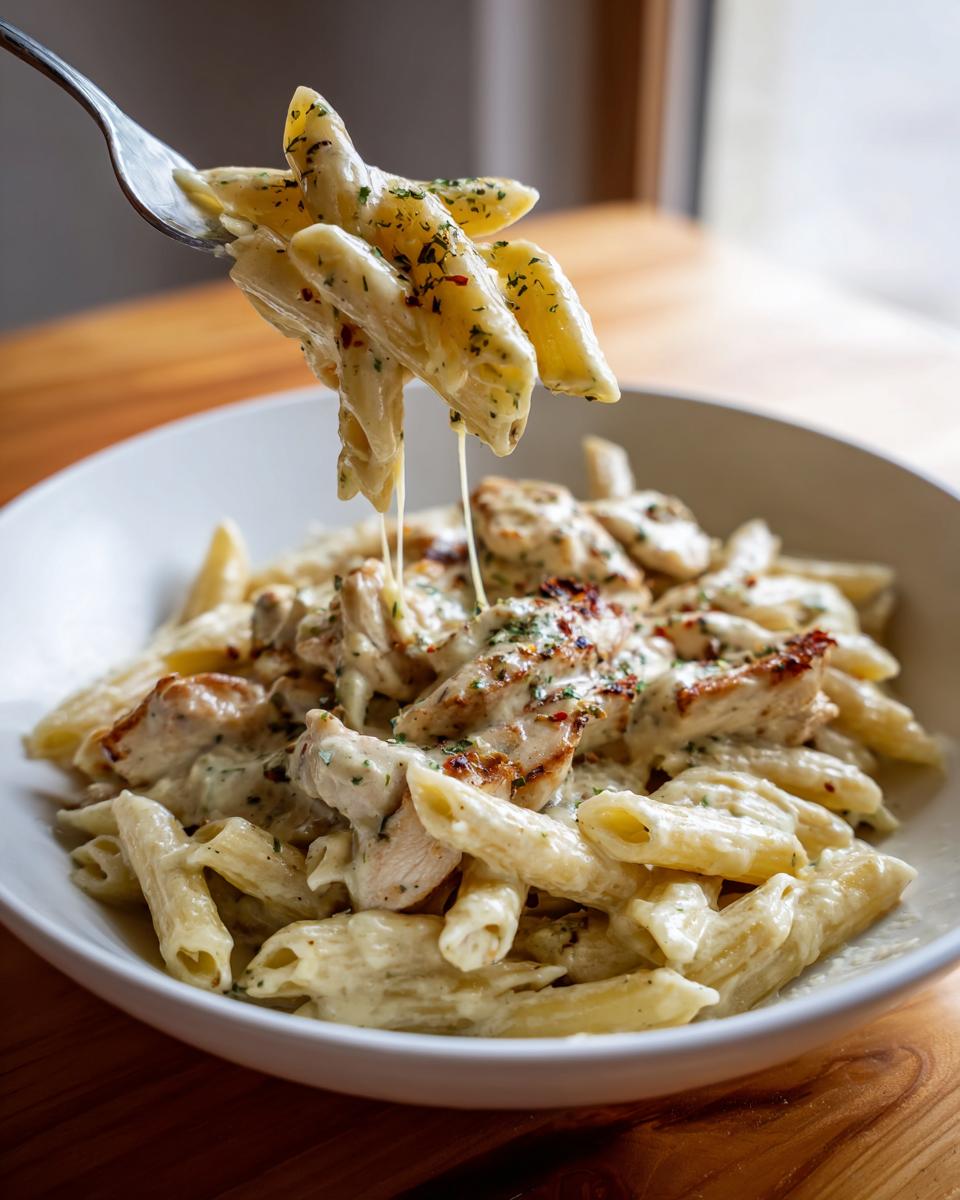 A fork lifts penne pasta covered in creamy sauce and chicken from a bowl of One Pot Creamy Cajun Chicken Pasta, showing a cheese pull.