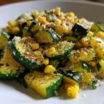 Close-up of saut&eacute;ed Parmesan Zucchini And Corn, topped with grated cheese and pepper.
