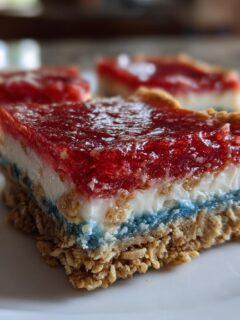 Close-up of a slice of Patriotic Graham Cracker Frozen Treats with graham crust, blue layer, white layer, and red gelatin top.