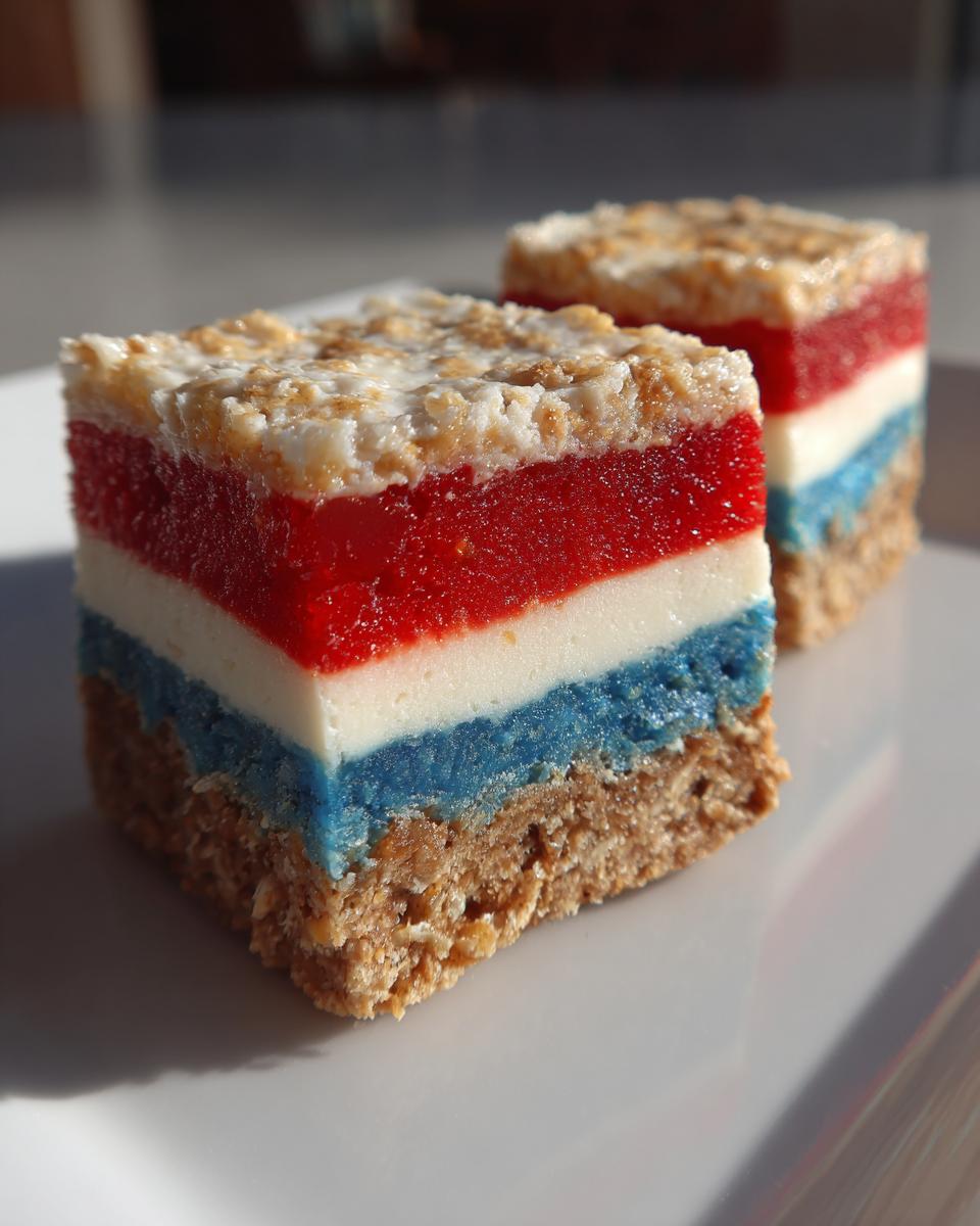 Two squares of Patriotic Graham Cracker Frozen Treats showing distinct red, white, and blue layers on a graham cracker crust.
