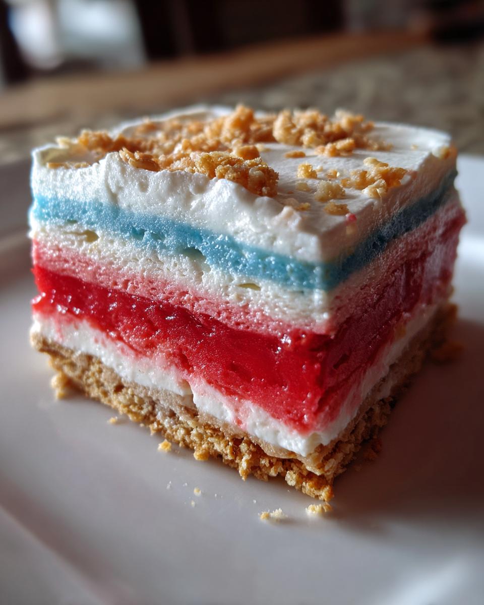 Close-up of a layered Patriotic Graham Cracker Frozen Treats slice showing red, white, and blue gelatin layers on a graham cracker crust.
