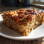 A close-up of a square slice of Peanut Butter Banana Oatmeal Bake on a white plate.