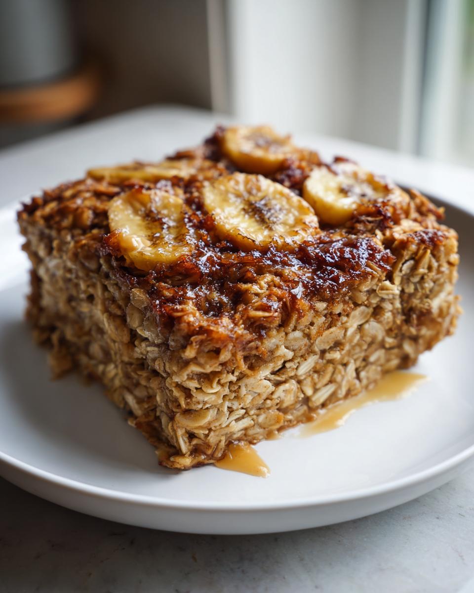 A square slice of baked oatmeal topped with caramelized banana slices and syrup, representing the Peanut Butter Banana Oatmeal Bake.