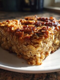 A close-up of a square slice of Peanut Butter Banana Oatmeal Bake on a white plate.
