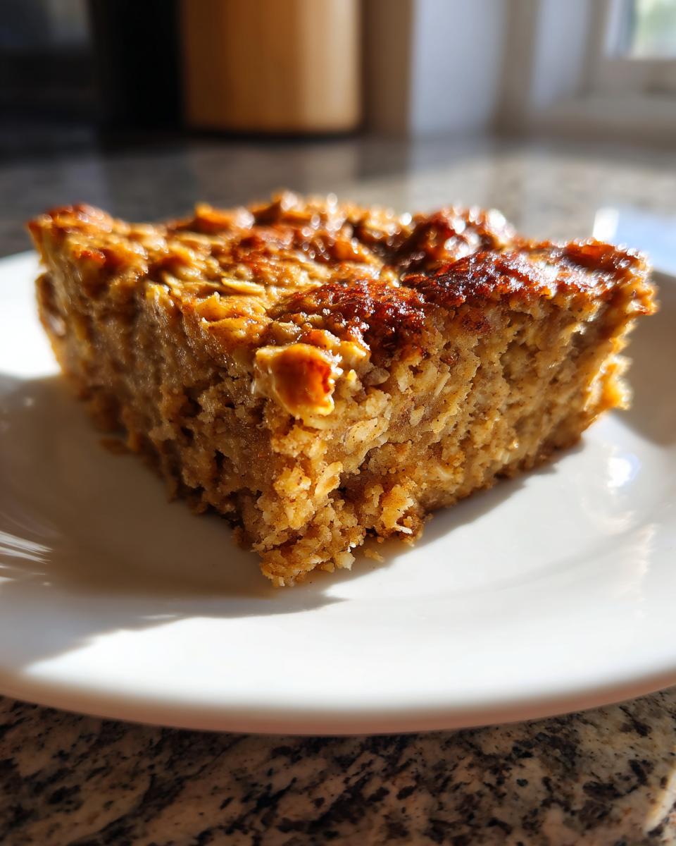 A close-up, sunlit slice of Peanut Butter Banana Oatmeal Bake on a white plate.