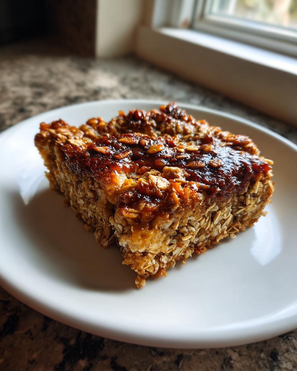A close-up of a square slice of Peanut Butter Banana Oatmeal Bake with a gooey topping, served on a white plate.