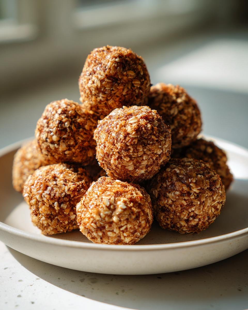 A close-up stack of golden brown Peanut Butter Protein Balls coated in oats, sitting on a light-colored plate.