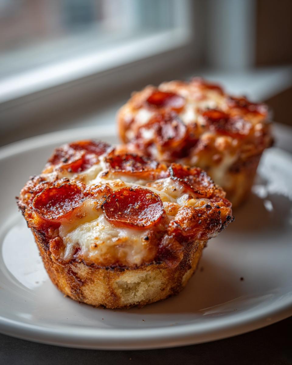Two golden-brown Pizza Cupcakes topped with melted cheese and crispy pepperoni slices, served on a white plate.