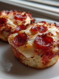 Two freshly baked pepperoni Pizza Cupcakes topped with melted, bubbly cheese sitting on a white plate.