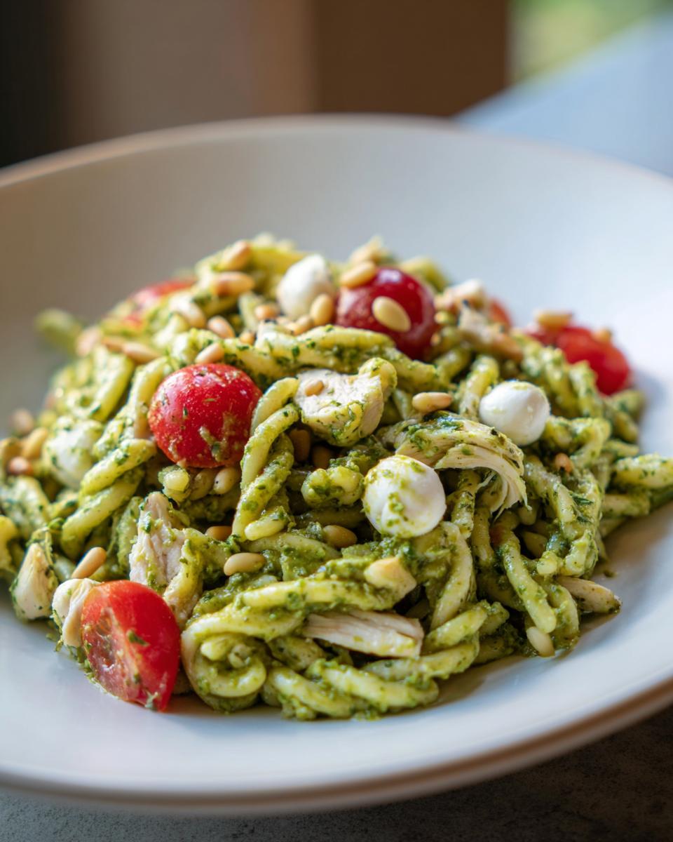 A close-up serving of Pesto Chicken Pasta Salad featuring green pesto-coated pasta, shredded chicken, cherry tomatoes, mozzarella balls, and pine nuts.