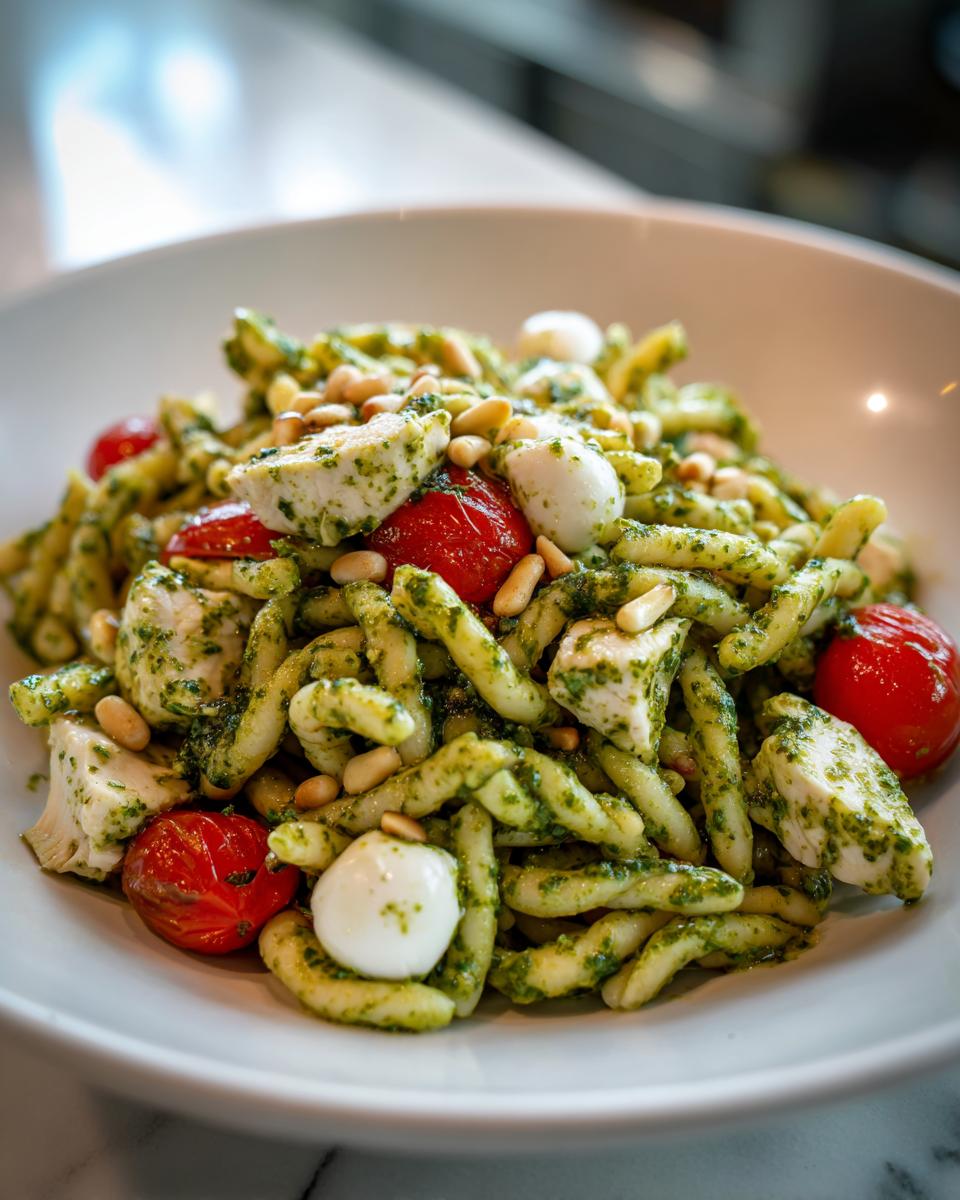 Close-up of Pesto Chicken Pasta Salad featuring trofie pasta, chicken chunks, cherry tomatoes, mozzarella balls, and pine nuts.
