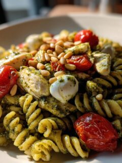 A close-up of Pesto Chicken Pasta Salad featuring fusilli pasta, chicken pieces, mozzarella balls, roasted tomatoes, and pine nuts.