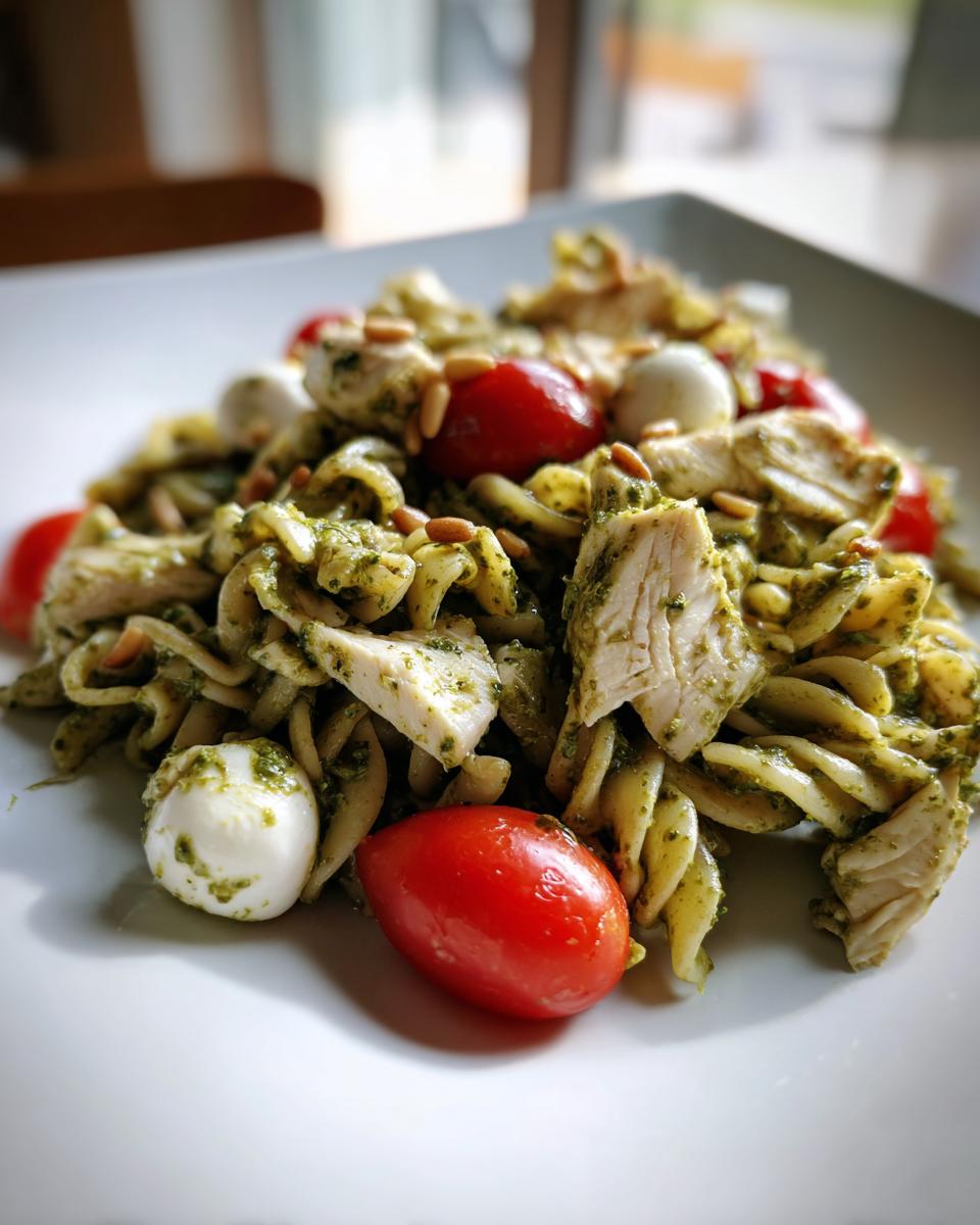 A close-up serving of Pesto Chicken Pasta Salad featuring fusilli pasta, chunks of chicken, cherry tomatoes, mozzarella balls, and pine nuts.