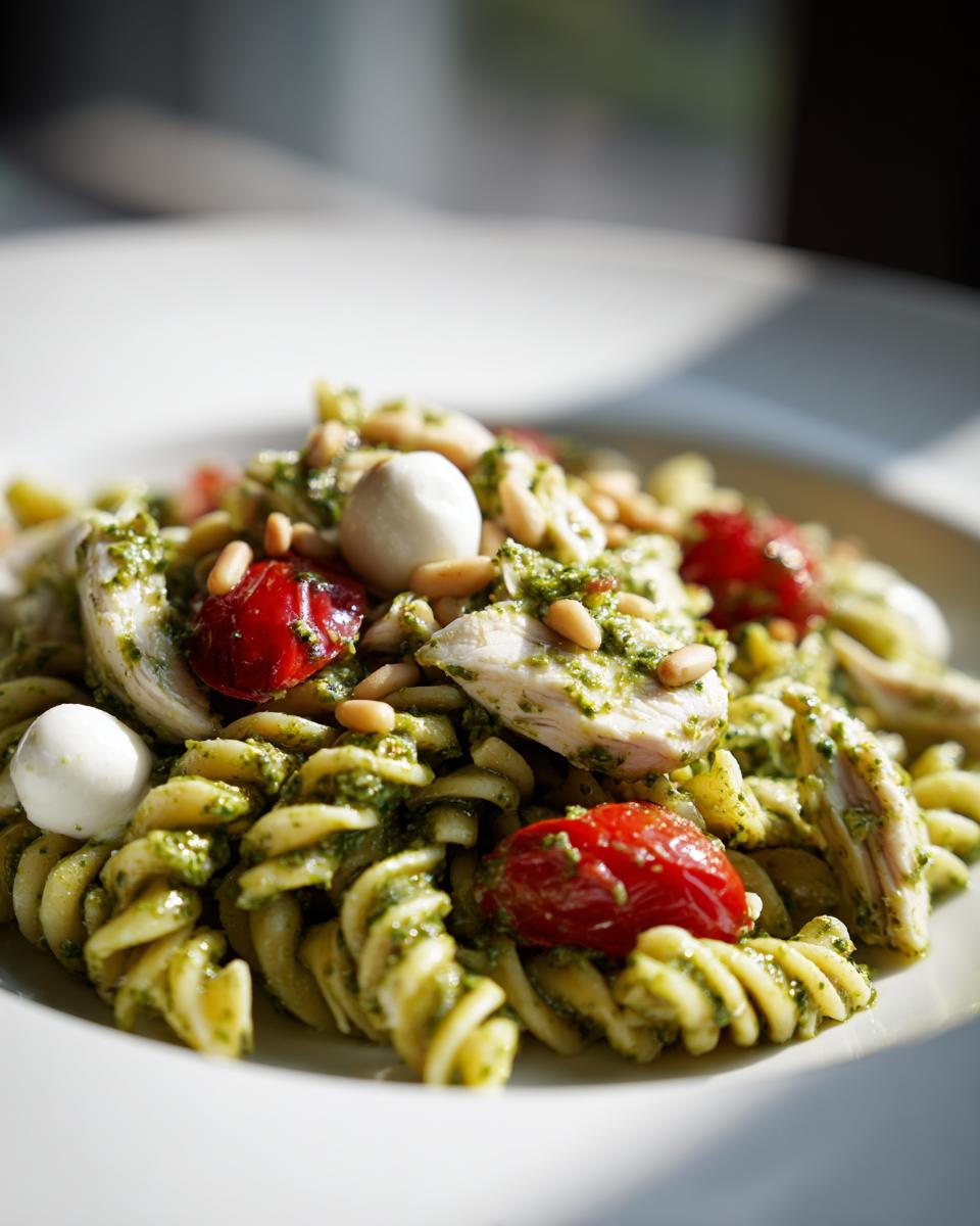 A close-up of Pesto Chicken Pasta Salad featuring fusilli pasta coated in green pesto, chunks of chicken, cherry tomatoes, mozzarella balls, and pine nuts.