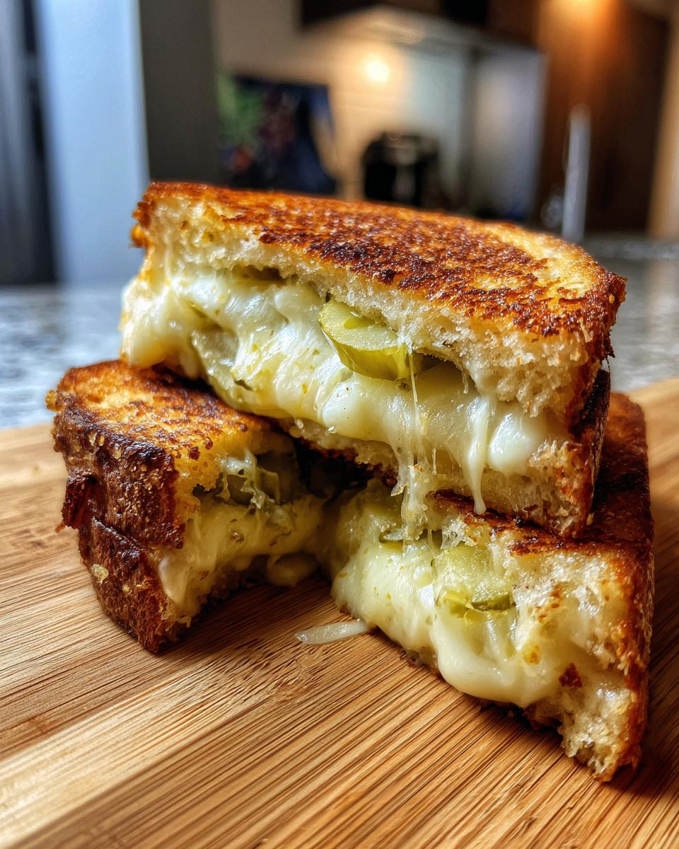 Two halves of a golden-brown Pickle Grilled Cheese Sandwich stacked, showing melted cheese and pickle slices oozing out.