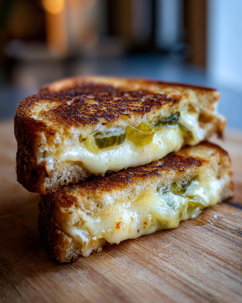 Close-up of a Pickle Grilled Cheese Sandwich cut in half, showing melted cheese and pickle slices oozing out.