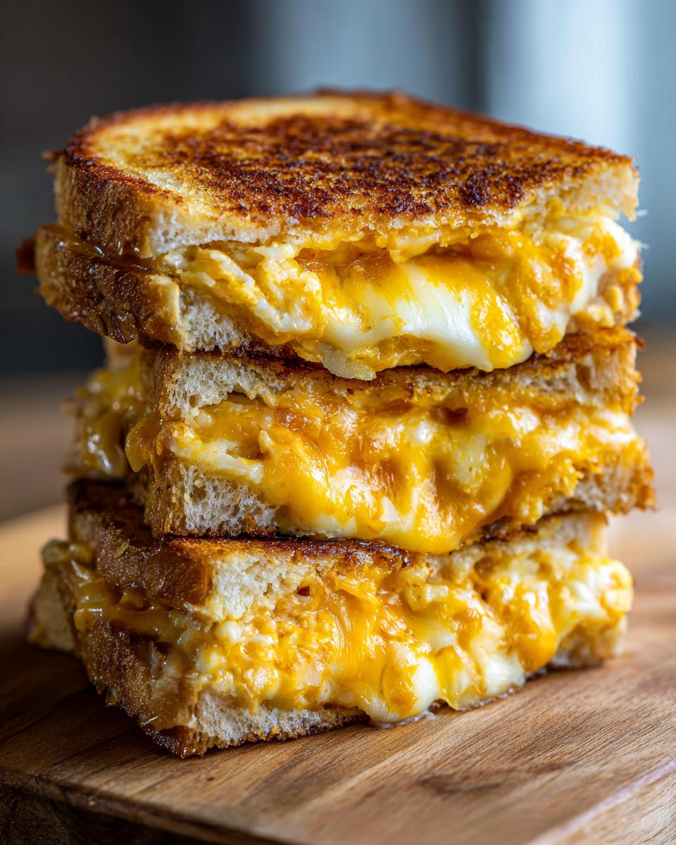 Three halves of a Pickle Grilled Cheese Sandwich stacked, showing melted orange and white cheese oozing out.