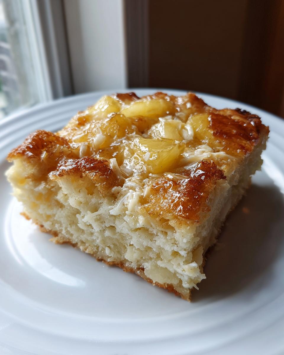 Close-up of a square slice of Pineapple Casserole topped with caramelized pineapple chunks and glaze.