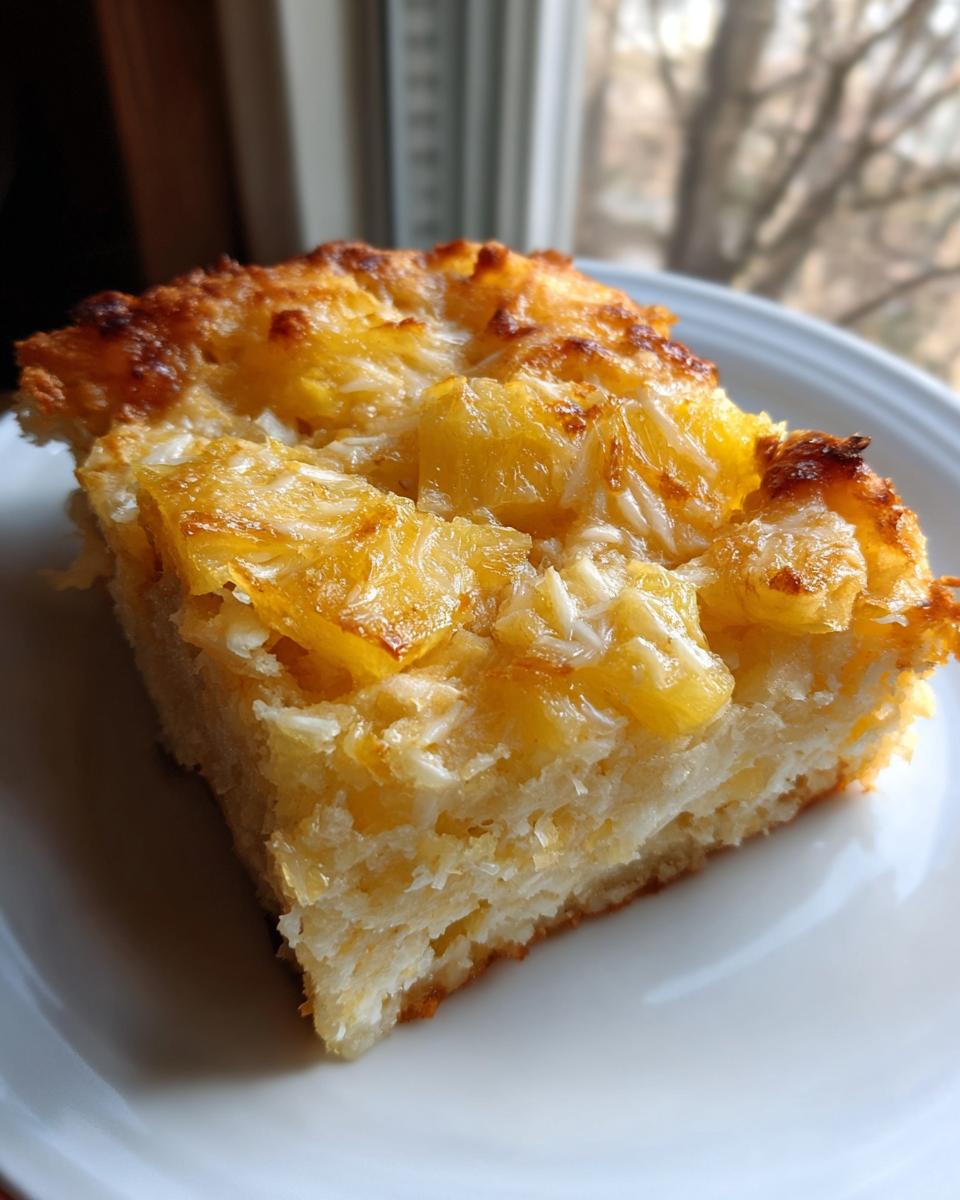 A close-up of a square serving of baked Pineapple Casserole with caramelized pineapple chunks and coconut on top.