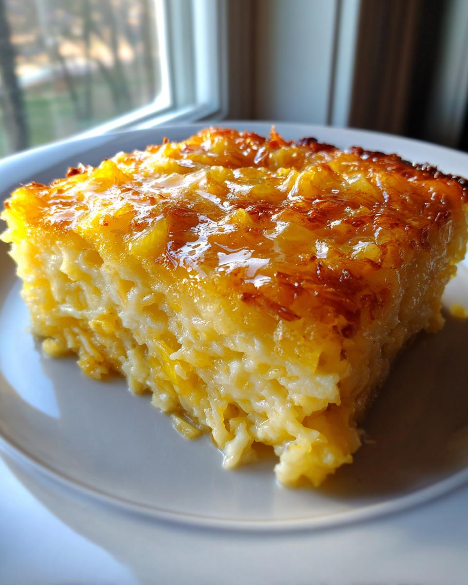 A close-up slice of baked Pineapple Casserole with a shiny, caramelized top, served on a white plate.