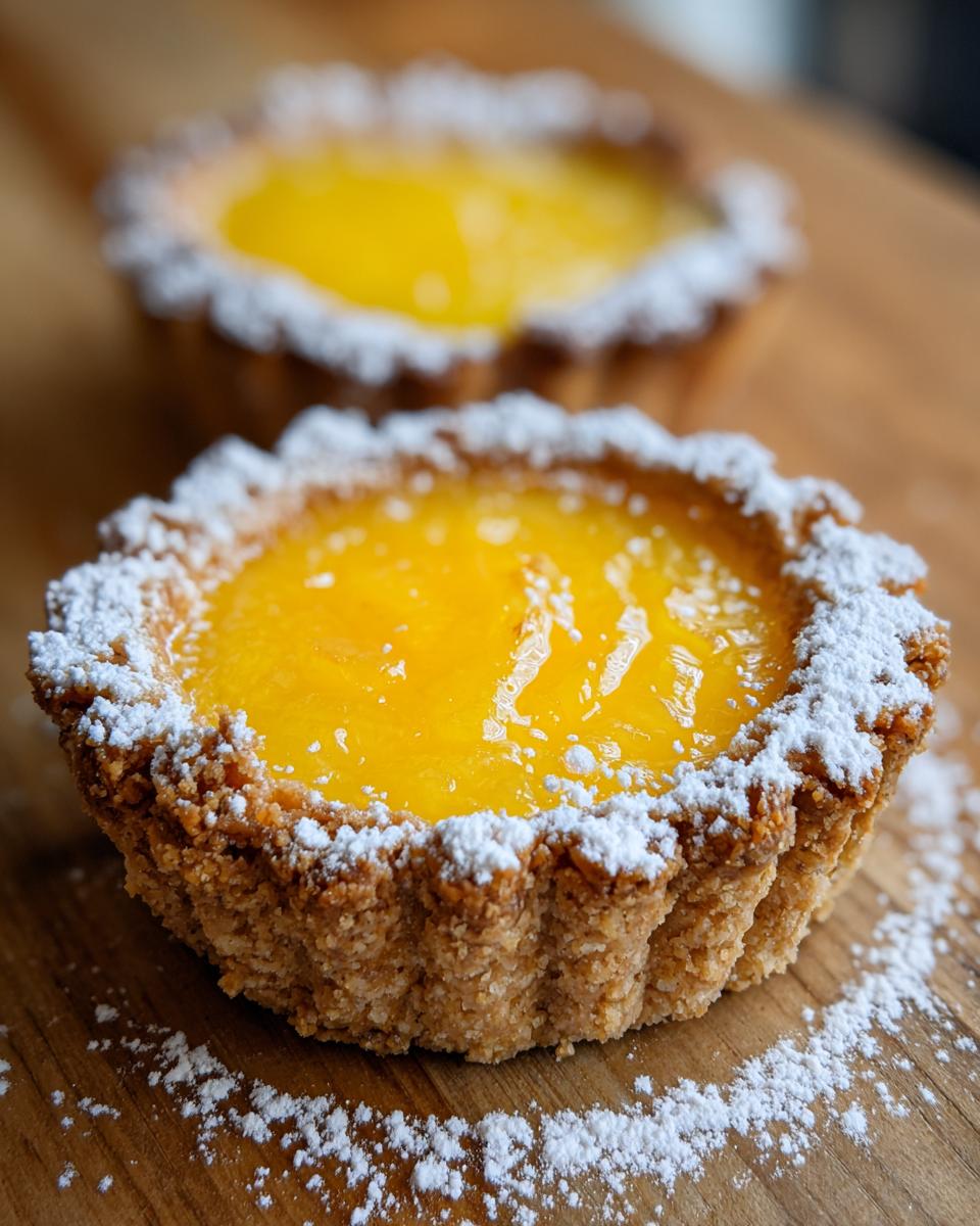 Close-up of a Pineapple Jalapeno Curd Tartlet featuring a bright yellow filling and a dusting of powdered sugar on a wooden board.