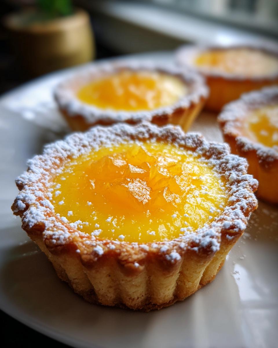 A close-up, shallow depth-of-field shot of a Pineapple Jalapeno Curd Tartlet dusted with powdered sugar.