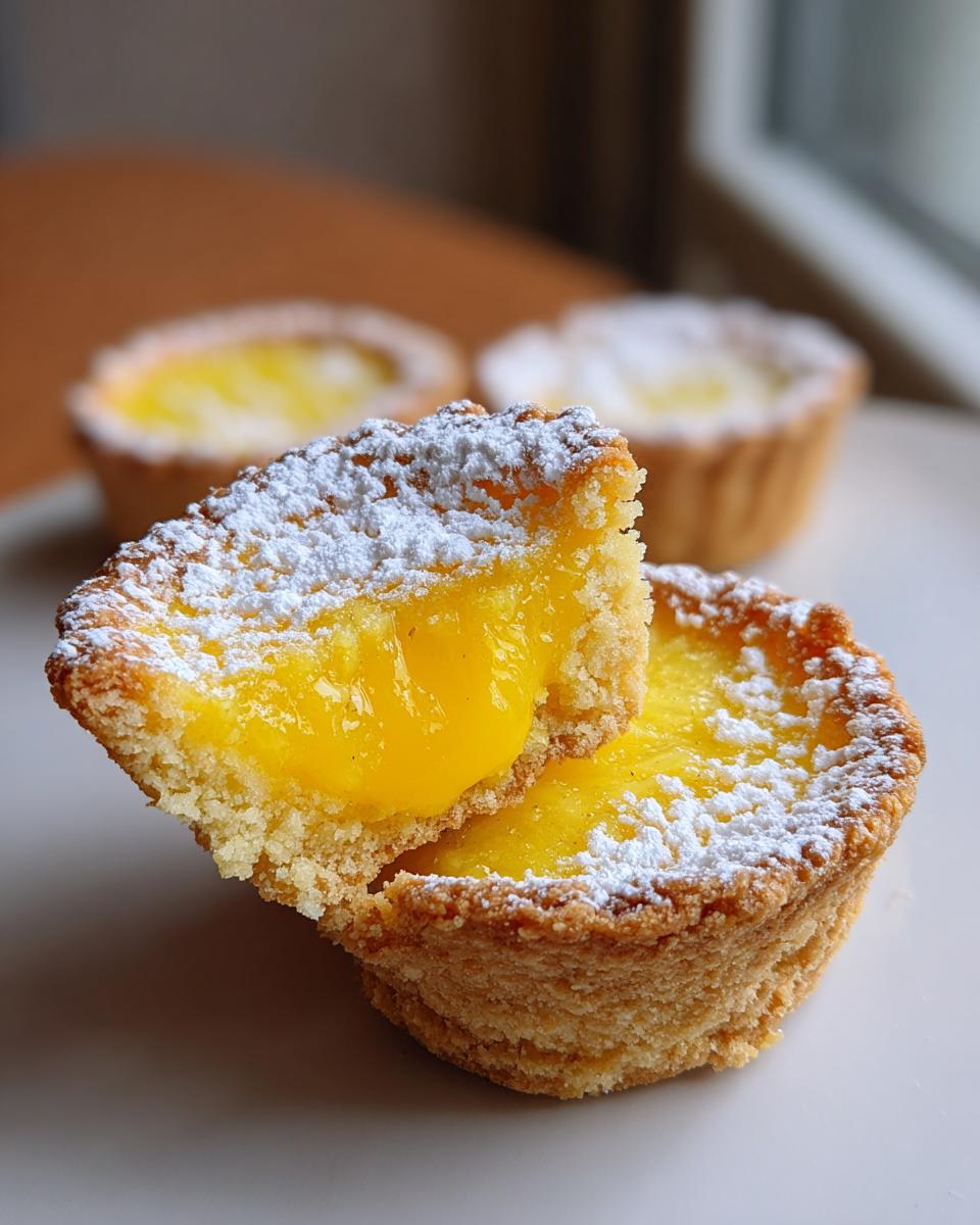 Close-up of a Pineapple Jalapeno Curd Tartlet cut in half showing the bright yellow filling and powdered sugar topping.