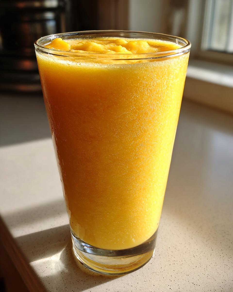 A tall glass filled with a vibrant, thick Pineapple Mango Smoothie, topped with frozen fruit chunks.