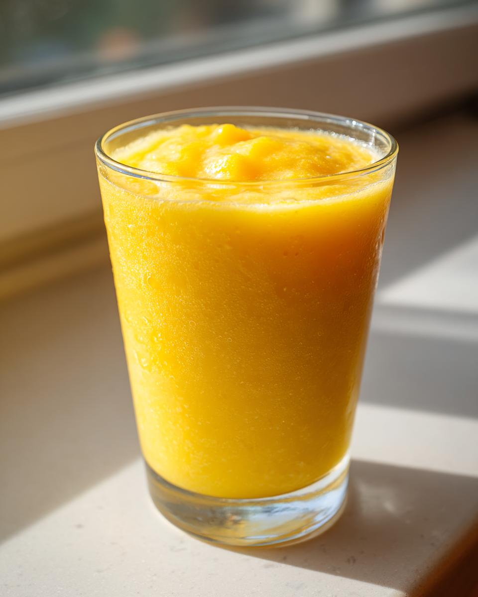 A tall glass filled with a thick, bright yellow Pineapple Mango Smoothie sitting on a sunlit windowsill.