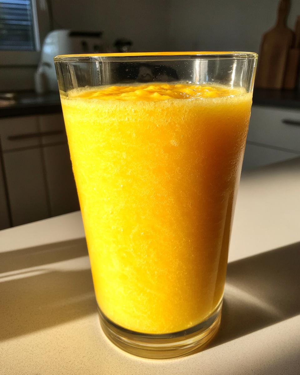 A tall glass filled with a vibrant, bright yellow Pineapple Mango Smoothie, sitting on a kitchen counter in sunlight.