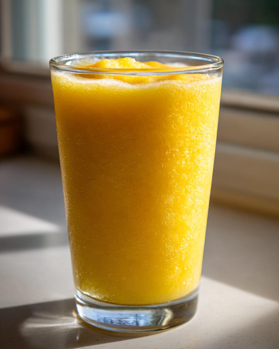 A tall glass filled with a thick, bright yellow Pineapple Mango Smoothie, catching sunlight.