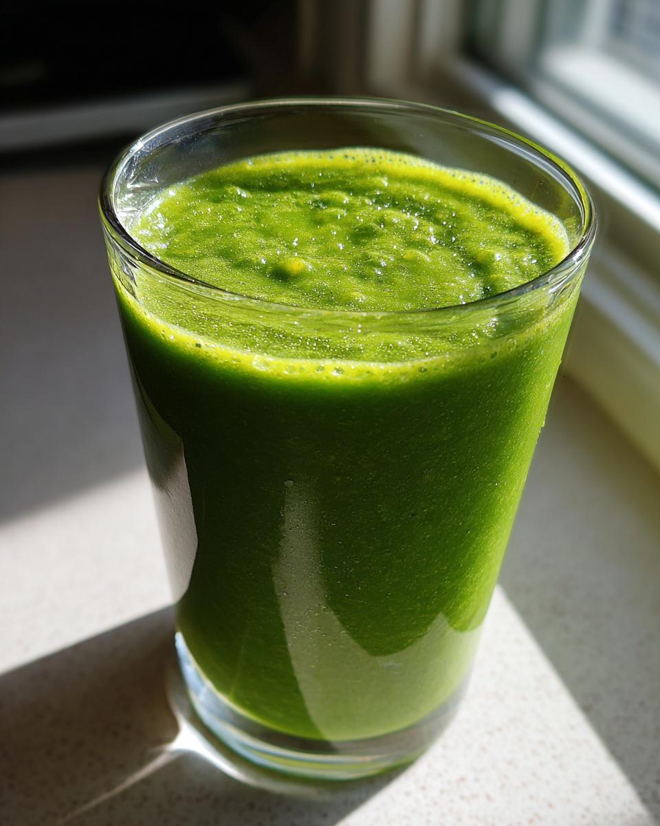 Close-up of a vibrant green Pineapple Spinach Smoothie in a clear glass, brightly lit by sunlight.